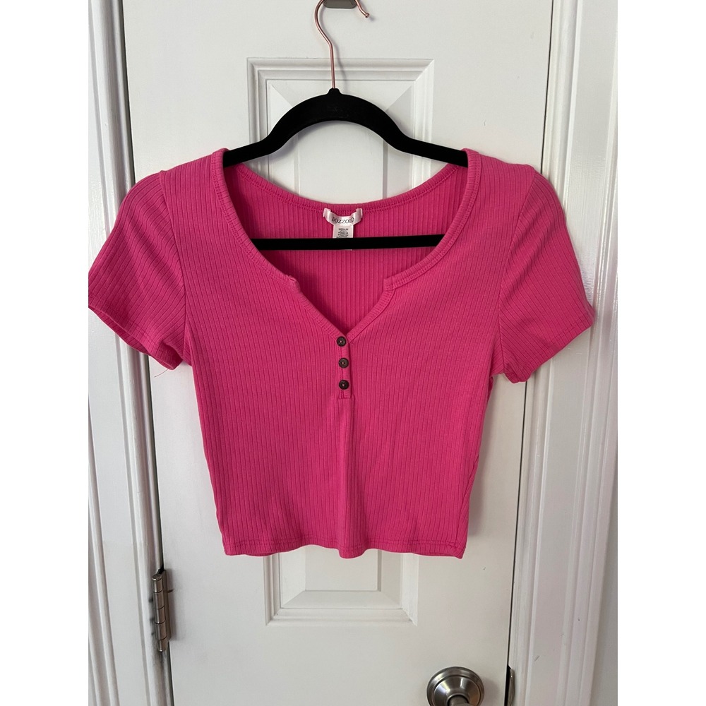 Bozzolo Women Hot Pink Ribbed Henley Crop Top Short Sleeve HT12111 Medium